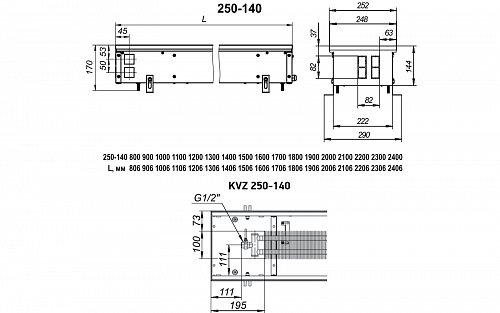 Techno Usual 250-140-4000 KVZ Внутрипольный конвектор с естественной конвекцией