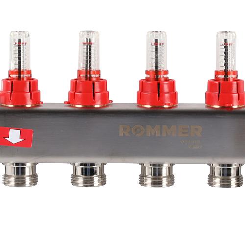 ROMMER Коллектор из нержавеющей стали с расходомерами, с клапаном вып. воздуха и сливом 04 вых.